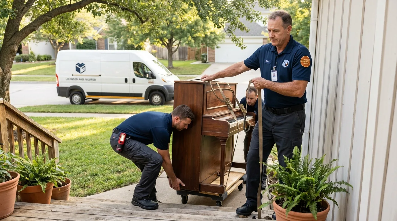 Licensed piano movers securing grand piano in Minden, LA