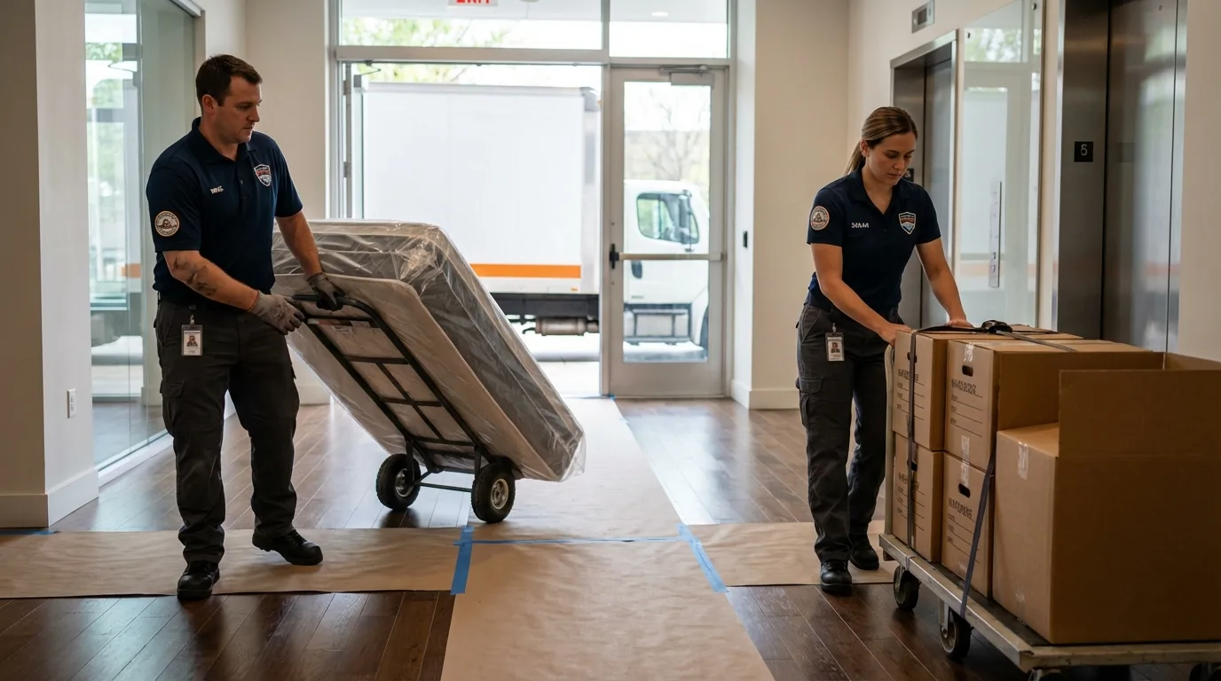 Professional apartment movers loading elevator in Minden, LA