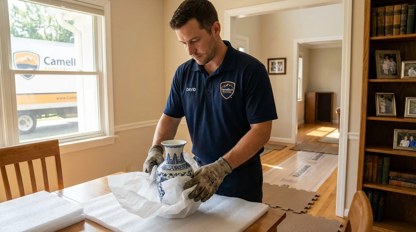 Professional crew carefully wrapping antique vase for senior downsizing move in Minden, LA